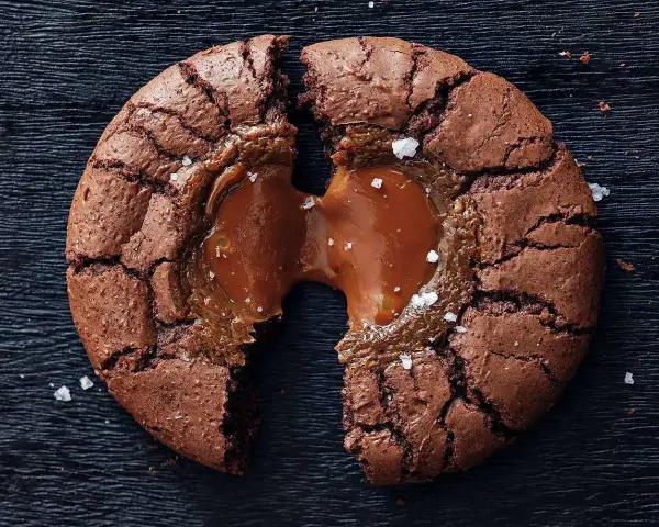 En brownie cookie med salt karamell som rinner ut.