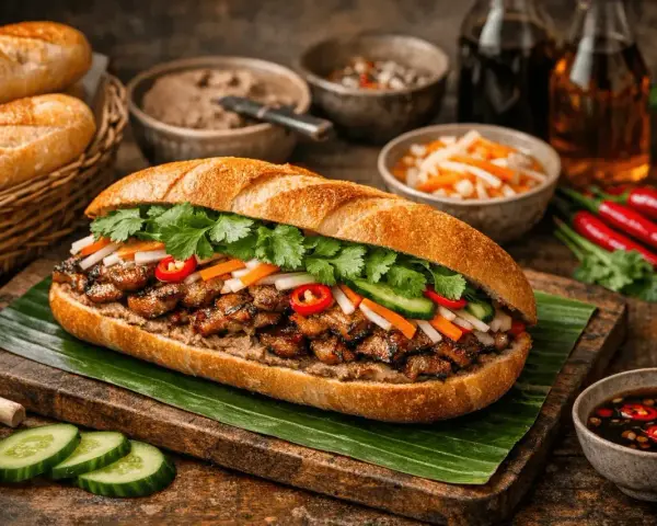 En saftig banh mi med grillat kött, färska grönsaker och koriander. Serveras med tillbehör som inlagda grönsaker och chilisås.