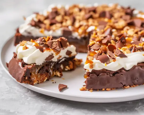 En saftig kladdkaka med fluffig grädde, kolasås och chokladbitar som topping. En dröm för alla chokladälskare!