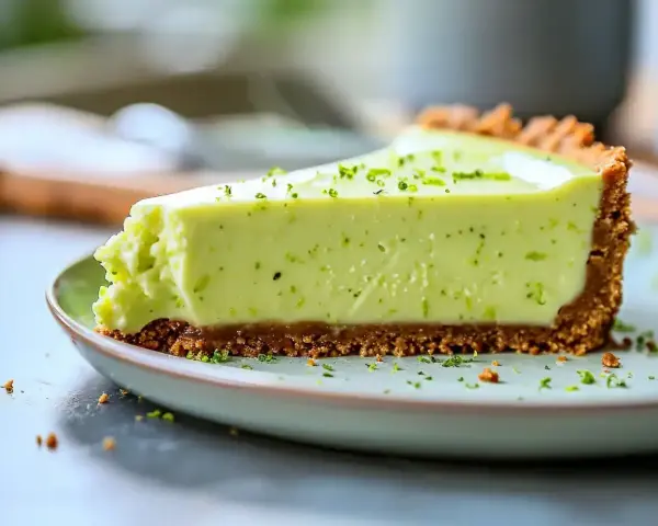 En krämig lime cheesecake med krispig botten, toppad med rivet limeskal. En perfekt dessert för en solig dag.
