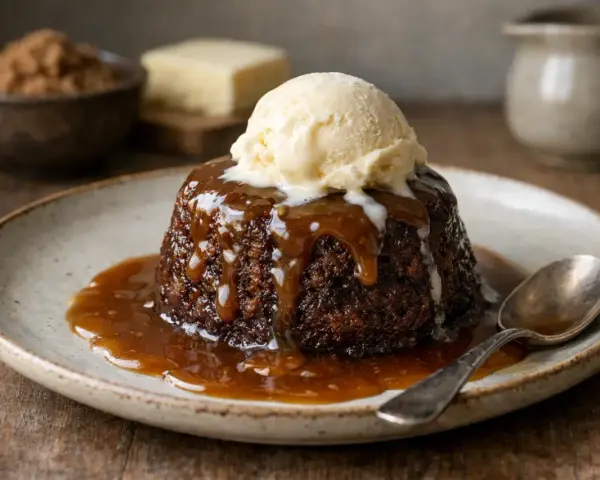 En läcker sticky toffee pudding med en kula vaniljglass och rinnande kolasås.