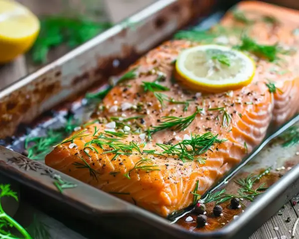 Fryst lax i ugn, kryddad med dill och citron, redo att tillagas.