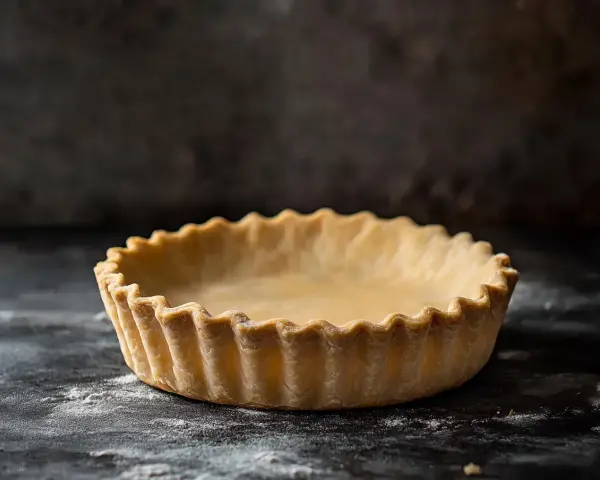 En gyllene, glutenfri pajdeg med vågiga kanter, redo att fyllas med din favorittårta.