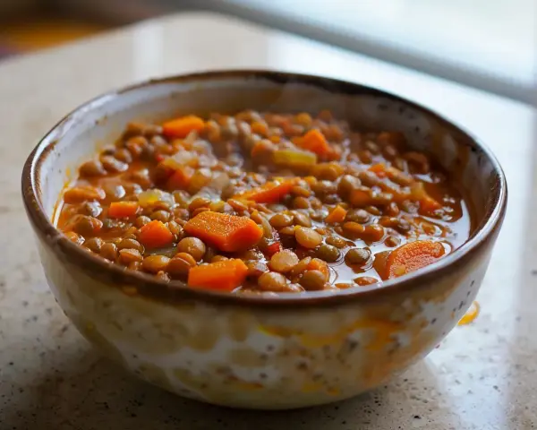 En skål med mustig morot och broccolisoppa, full av linser och saftiga morotsbitar.