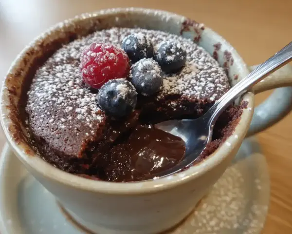 Chokladig mug cake med hallon och blåbär, pudrad med florsocker. En sked dyker ner i den rinnande chokladen.
