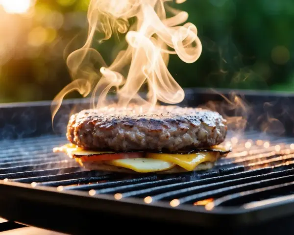En saftig hamburgare med smält ost och tomat grillas. Röken stiger och indikerar perfekt hamburgare temperatur.