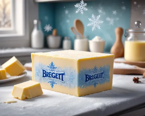 En stor bit Bregott ligger på ett snöigt köksbord. Frågan är: kan man frysa bregott? Snöflingor faller i bakgrunden.