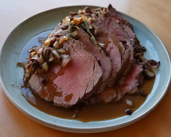 Saftig fransyska i ugn, låg temperatur, serverad med en mustig sås och karamelliserad lök. Perfekt för en fin middag.