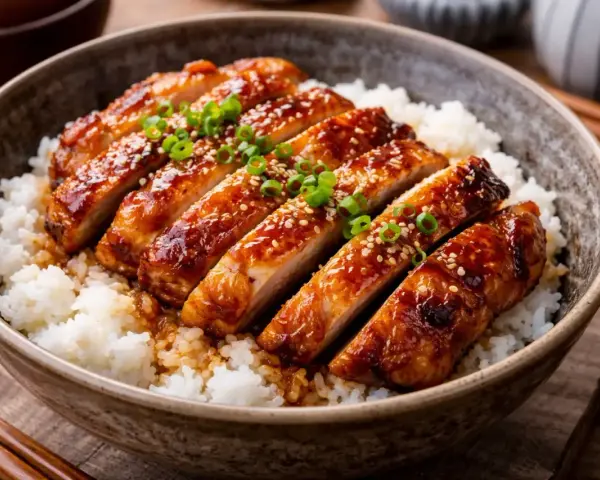 En skål med fluffigt ris toppad med saftig, glaserad teriyaki kyckling, garnerad med sesamfrön och grön lök.