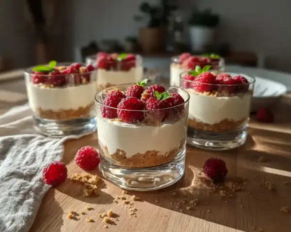 Fluffig cheesecake i glas med hallon och mynta. En perfekt sommardessert som ser lika god ut som den smakar.