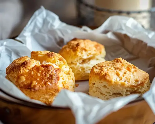 Tre gyllene scones, perfekt att baka i airfryer, ligger på vitt bakplåtspapper i en korg.