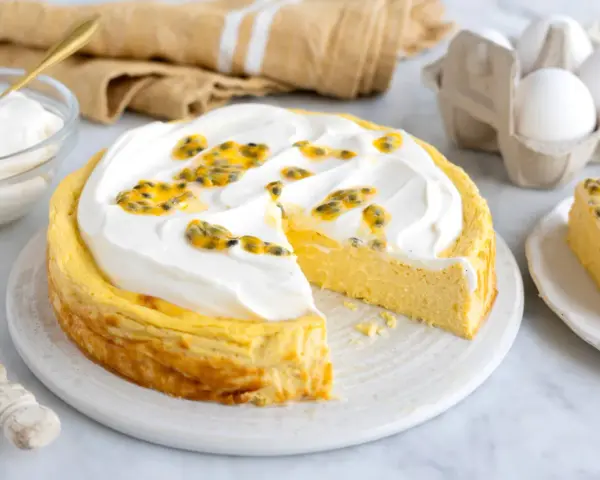 En krämig mango cheesecake med fluffig topping och passionsfrukt. En bit är redan uppskuren.