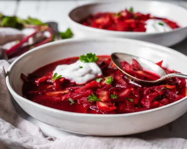 Varm och mustig borsjtj, perfekt för kalla dagar. Här är ett enkelt borsjtj recept med rödbetor, kål och en klick gräddfil.