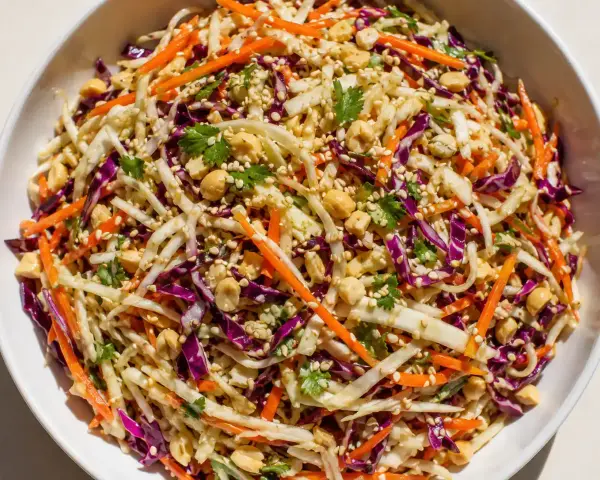 En fräsch asiatisk kålsallad med strimlad vit och rödkål, morötter, jordnötter och sesamfrön.