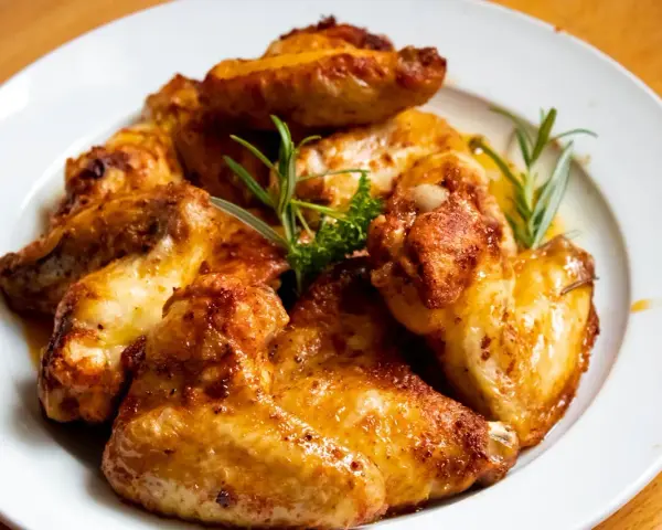 En tallrik med gyllene, grillade kycklingvingar, garnerade med rosmarin. Perfekt för en festmåltid, och med rätt förvaring har grillad kyckling hållbarhet som räcker för att njuta av resterna.