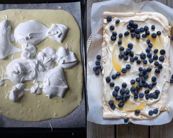 En pinocchiotårta med lemoncurd och blåbär. Till vänster, smeten med marängtoppar. Till höger, färdig tårta.