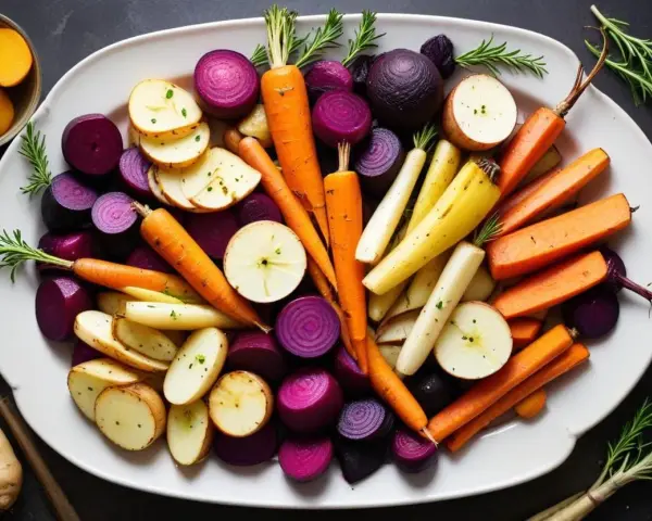 En härlig tallrik med ugnsrostade rotfrukter: morötter, potatis, rödlök och palsternacka. En perfekt rotfrukter lista för en hälsosam måltid.