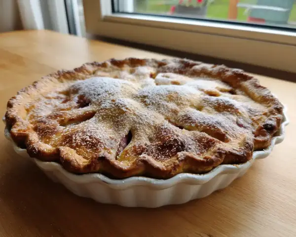 En gyllene rabarberpaj med kardemumma, pudrad med florsocker, står på ett träbord.