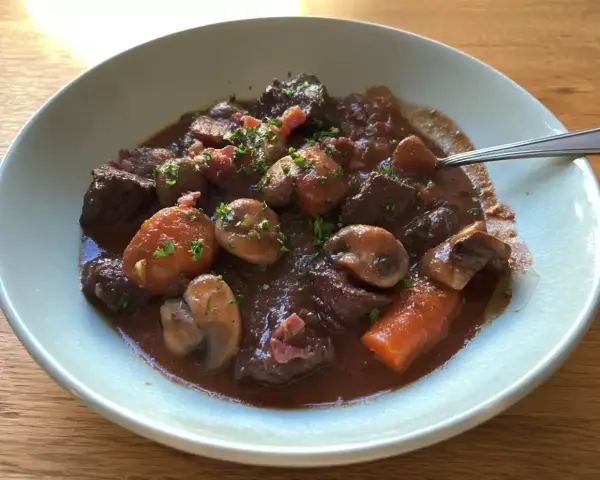 En skål med mustig boeuf bourguignon, fylld med mört kött, champinjoner och morötter, toppad med persilja.