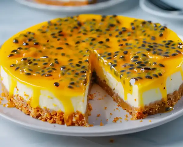 En krämig cheesecake med passionsfrukt som topping, en härlig dessert för alla sinnen.