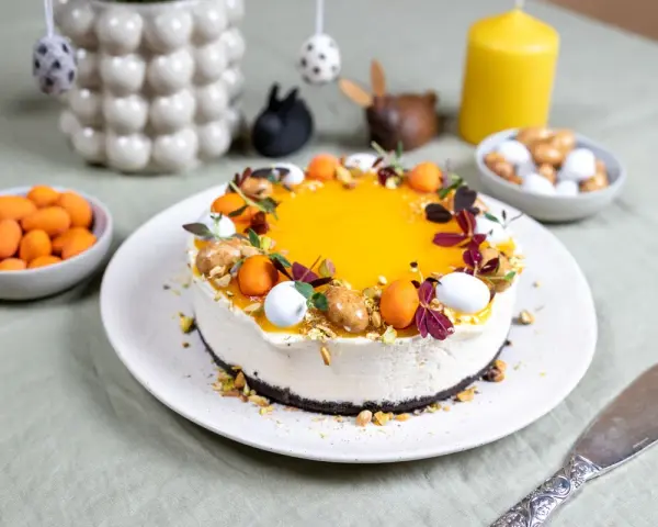 En vacker cheesecake påsk med gul topping, dekorerad med påskägg och nötter. Perfekt för påskfirandet!