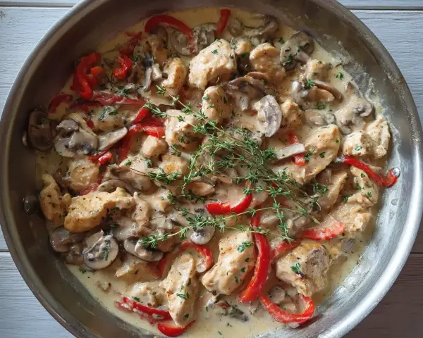 Kyckling i krämig sås med champinjoner och paprika, toppad med färsk timjan. En härlig kyckling creme fraiche-rätt.