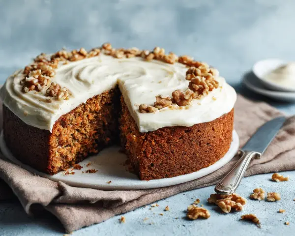 En saftig morotskaka utan socker, toppad med krämig frosting och valnötter. Perfekt för en hälsosam fika.