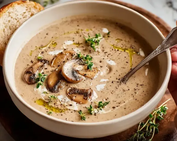 Krämig svart trumpetsvamp soppa med champinjoner, örter och en skiva bröd.
