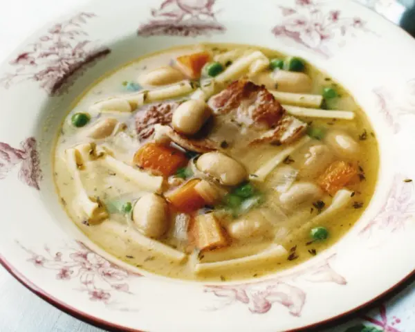 En skål med minestronesoppa med fläsk, bönor, morötter, ärtor och pasta.