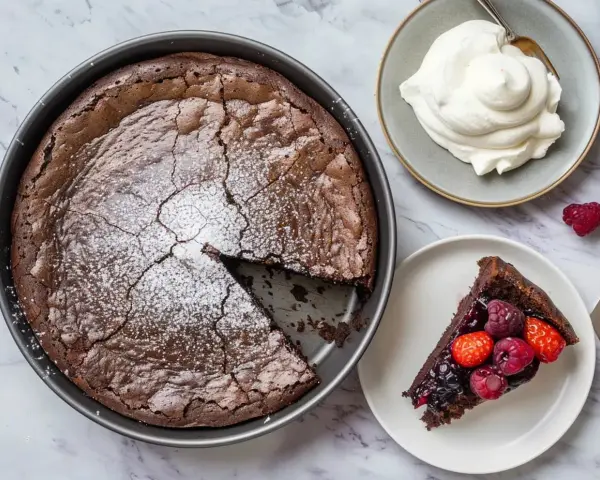 A whole chocolate cake with a slice removed, topped with powdered sugar, next to a slice of cake with berries and a dollop of whipped cream.