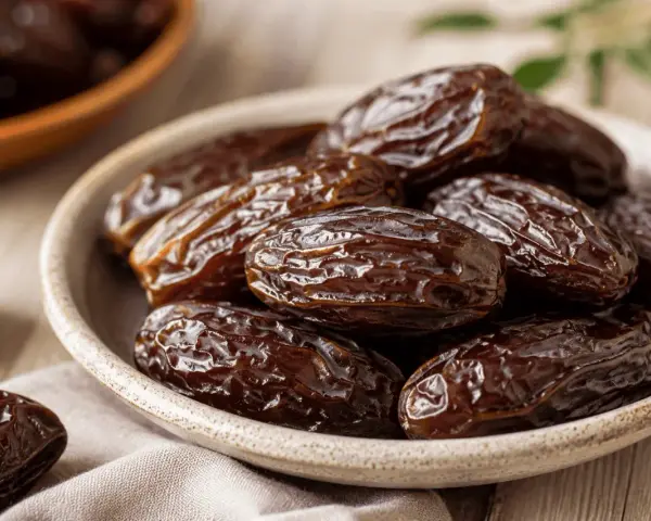 En skål med dadlar, en naturligt nyttig energikälla.