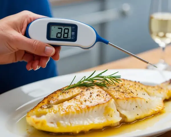 En hand håller en digital termometer som mäter torskens temperatur, 38 grader.