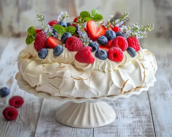 Vacker pavlova med grädde och färska bär, perfekt att dekorera tårta med.