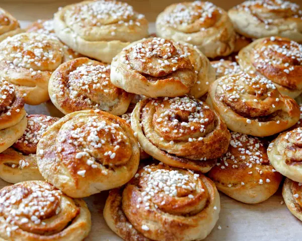En hög med nybakade kanelbullar, strösslade med pärlsocker. Kanske bakade av Camilla Hamid för en fika.