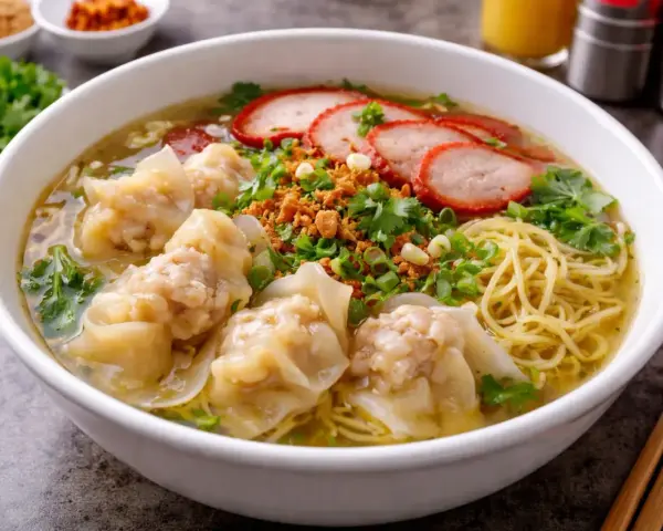 En skål med nudlar, wontons, skivat fläsk och grönsaker. Perfekt för att avgöra hur mycket soppa per person.