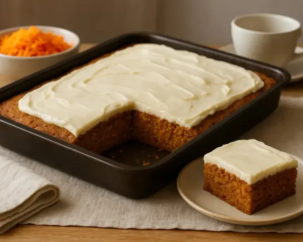A rectangular carrot cake with white frosting in a baking pan, with a slice on a plate and a bowl of shredded carrots.