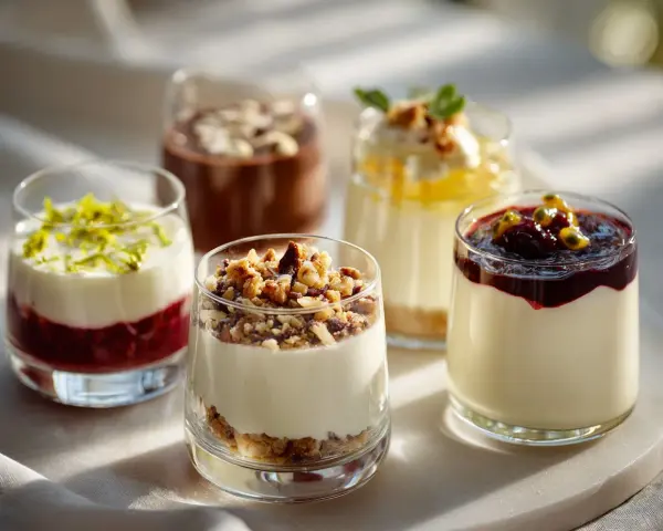 Fem olika dessert i glas, med lager av frukt, kräm och nötter. En fest för ögat och gommen.