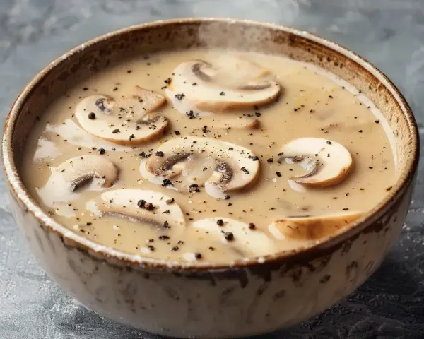A bowl of creamy mushroom soup with sliced mushrooms and black pepper.