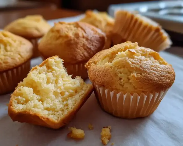 Gyllene muffins, perfekta för ett glutenfritt fika. En är uppdelad och visar en fluffig insida.