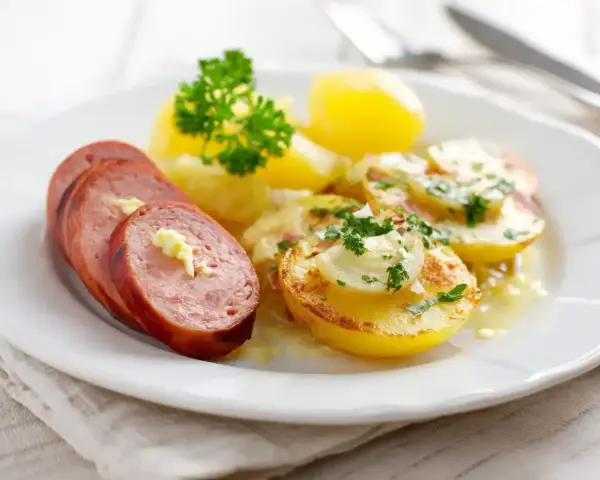 Skivad falukorv med smör och persilja, serverad med kokt potatis och en krämig sås. Bra att veta om man kan frysa falukorv.