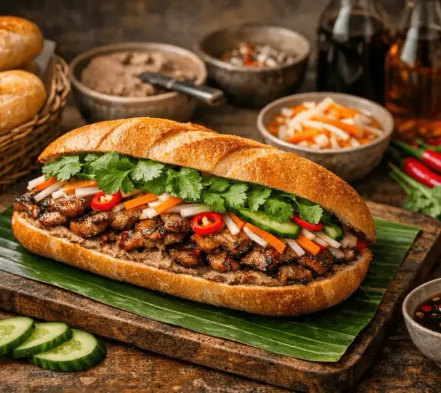 En saftig banh mi med grillat kött, färska grönsaker och koriander. Serveras med tillbehör som inlagda grönsaker och chilisås.