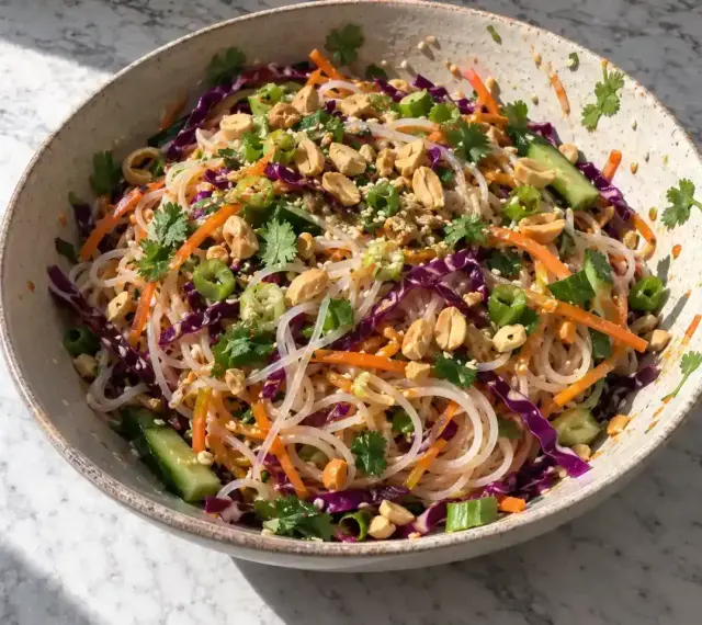 En skål med asiatisk nudelsallad med risnudlar, strimlad morot, rödkål, gurka, jordnötter och koriander.