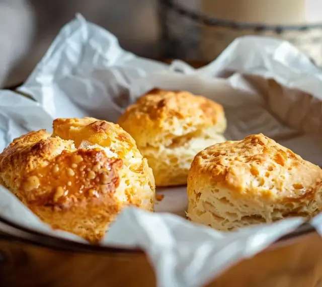 Tre gyllene scones, perfekt att baka i airfryer, ligger på vitt bakplåtspapper i en korg.