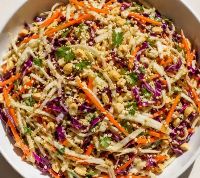 En fräsch asiatisk kålsallad med strimlad vit och rödkål, morötter, jordnötter och sesamfrön.