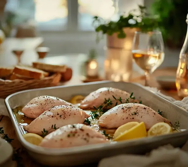 Fryst kyckling i ugnsform med citron och örter, redo att tillaga. Vinet står uppdukat för en mysig middag.
