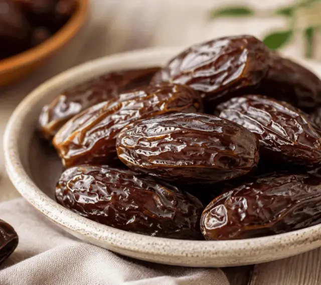 En skål med dadlar, en naturligt nyttig energikälla.