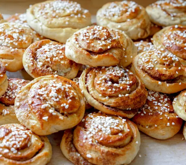 En hög med nybakade kanelbullar, strösslade med pärlsocker. Kanske bakade av Camilla Hamid för en fika.