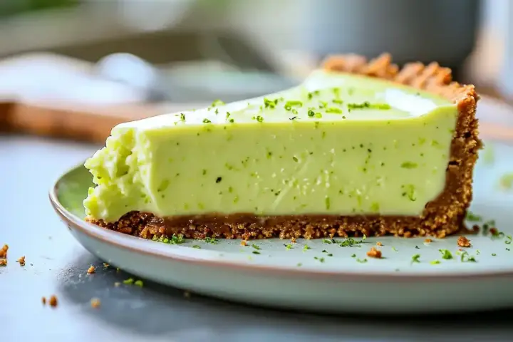 En krämig lime cheesecake med krispig botten, toppad med rivet limeskal. En perfekt dessert för en solig dag.