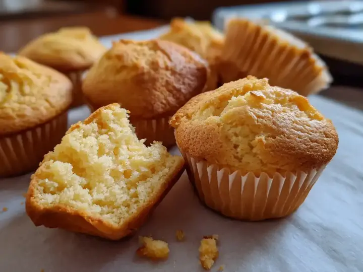 Gyllene muffins, perfekta för ett glutenfritt fika. En är uppdelad och visar en fluffig insida.