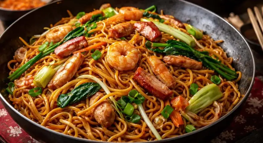 En stor panna med gyllene chow mein-nudlar, toppad med saftiga räkor, mört fläsk och krispiga grönsaker.